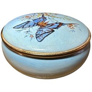 Vintage Hand-Painted Butterfly Porcelain Trinket Box Blue w/ Gold Trim MCM